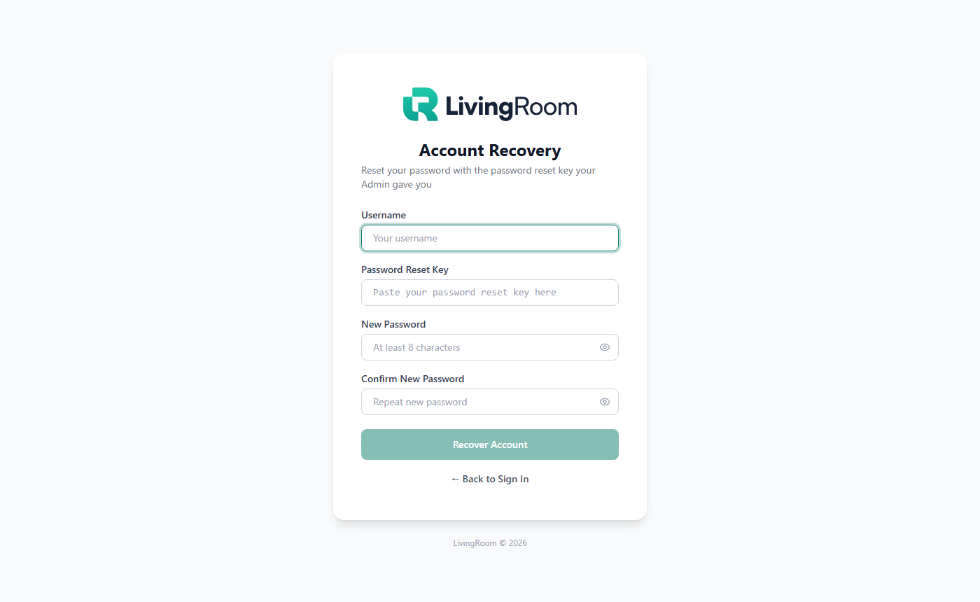 The Account Recovery page with Username, Password Reset Key and New Password