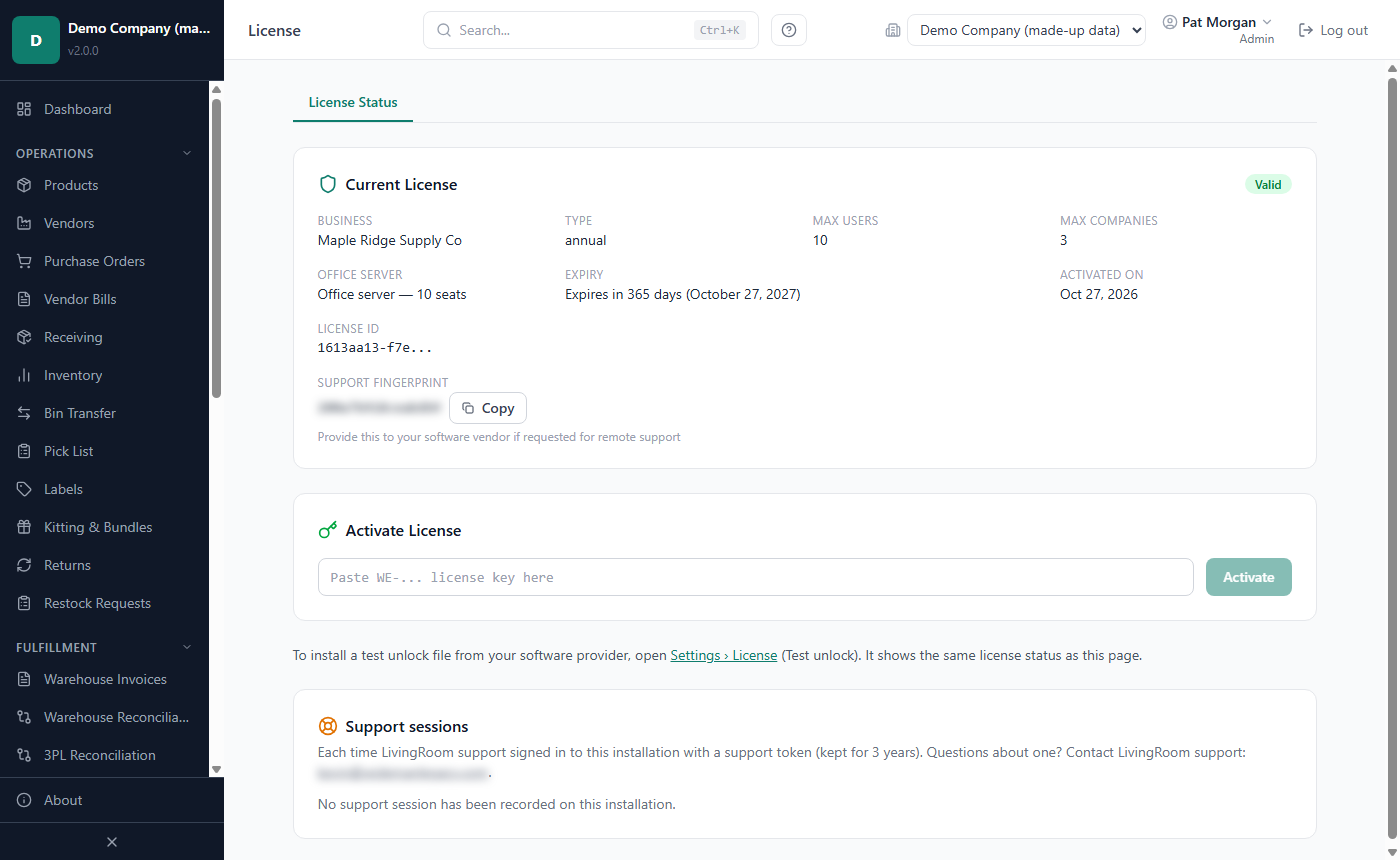 The License page with an active trial license: Current License card, Support Fingerprint and Activate License