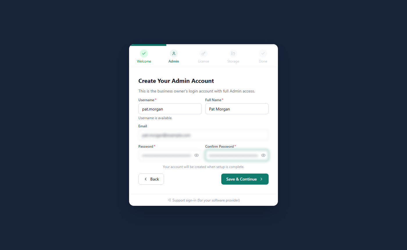 The Create Your Admin Account step with Username, Full Name, Email and the two password fields