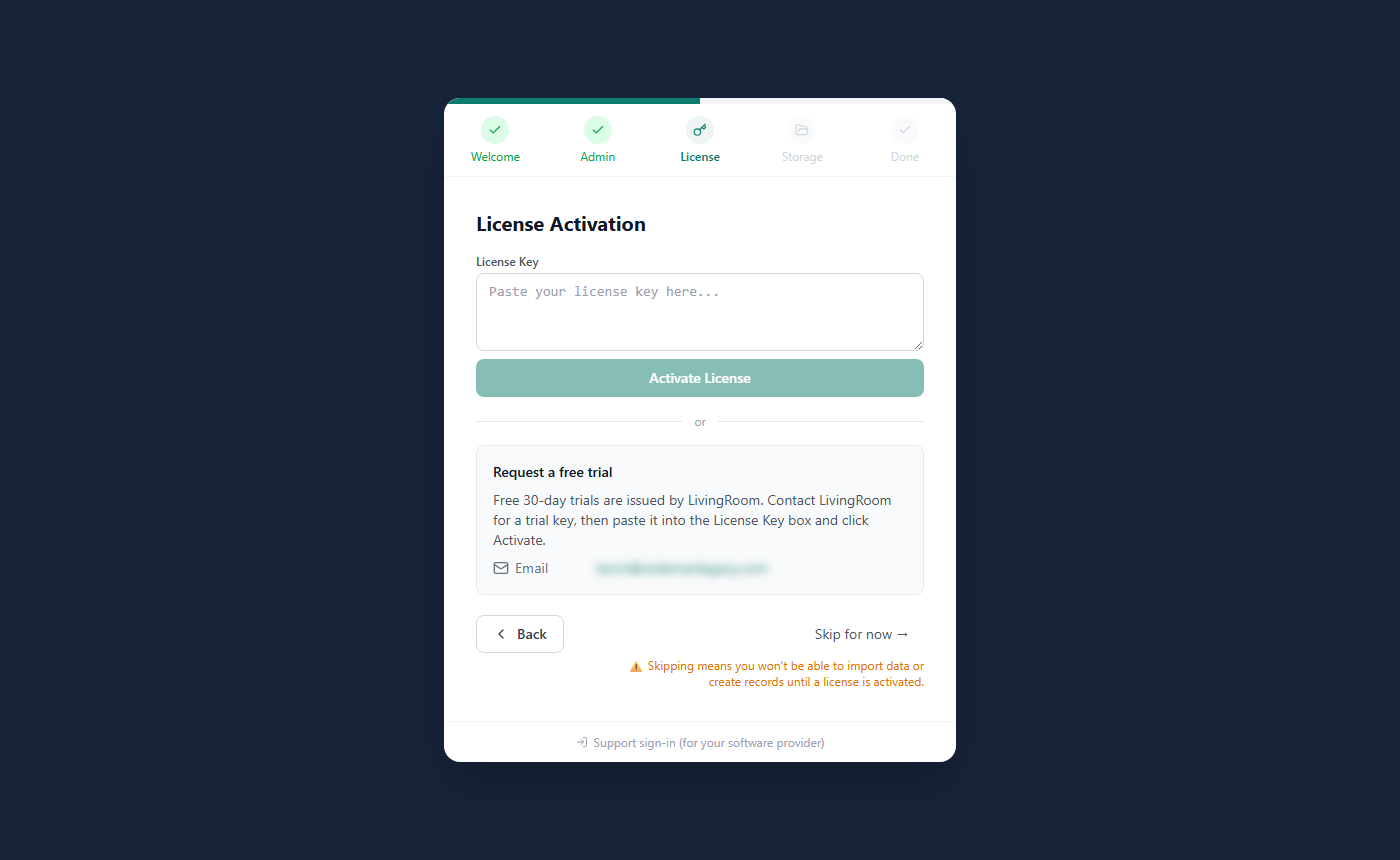 The License Activation step with the License Key box, Request a free trial and Skip for now