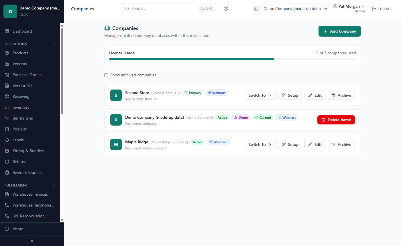 The Companies page with the license usage bar and one card per company