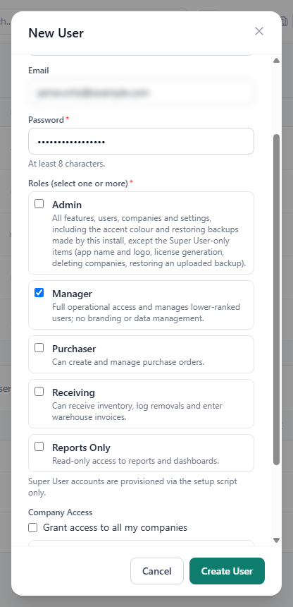 The New User dialog with the role choices and Company Access