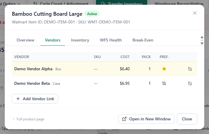 Product Quick View showing the Vendors tab