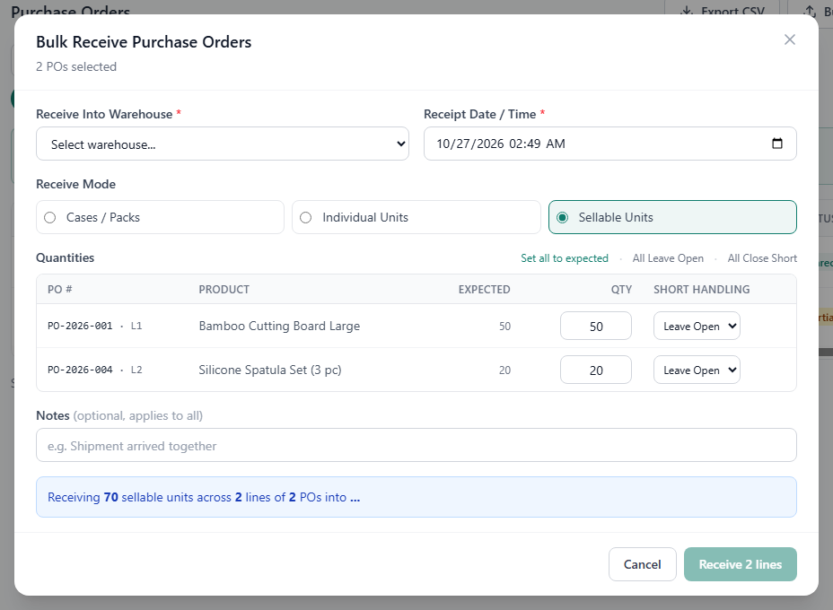 The Bulk Receive dialog with the expected quantities filled in