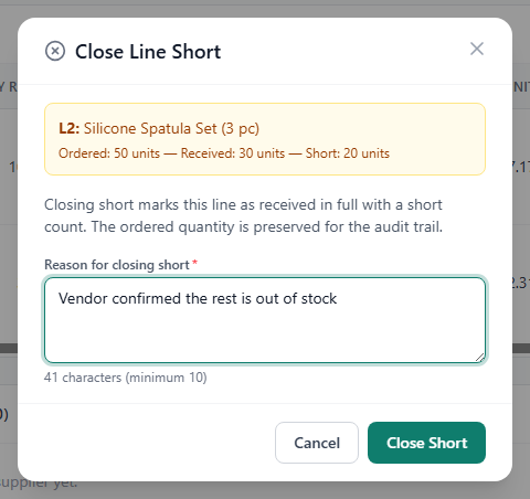 Close Line Short dialog showing the ordered, received and short quantities and the reason field