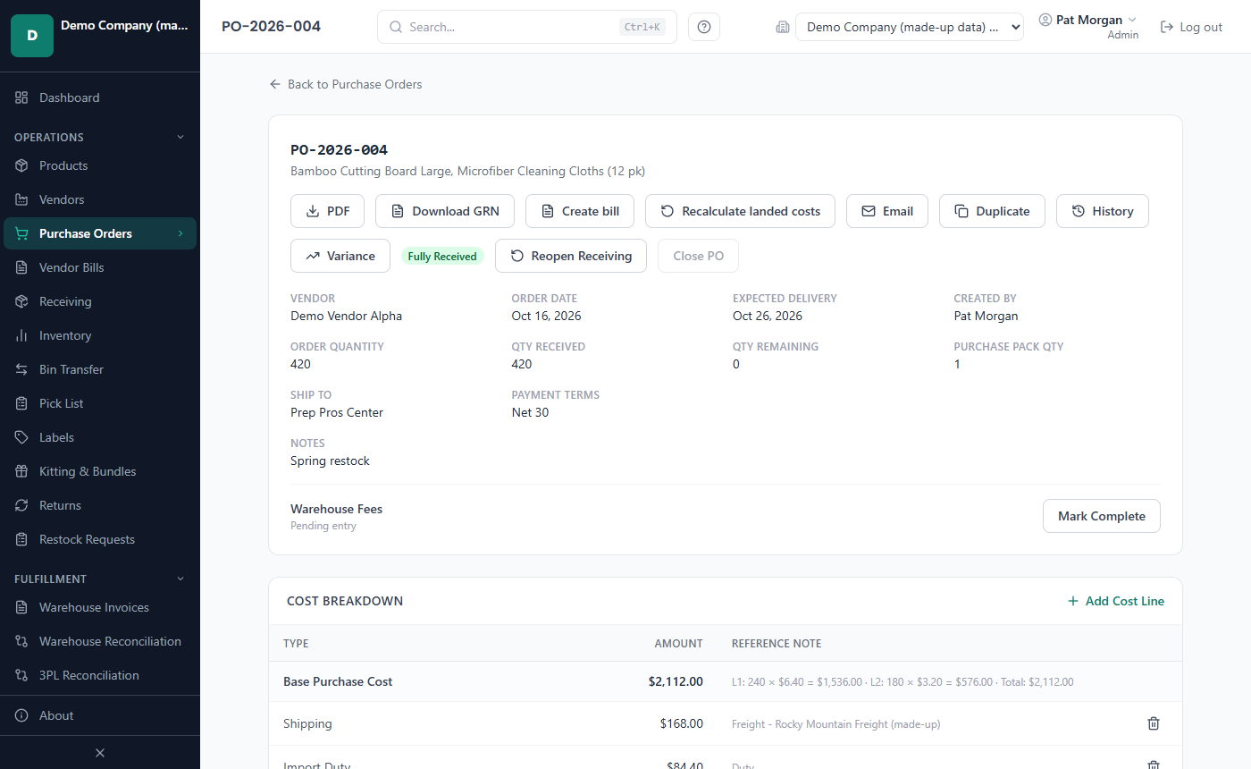 Purchase order detail page with the header buttons, Cost Breakdown and Order Lines