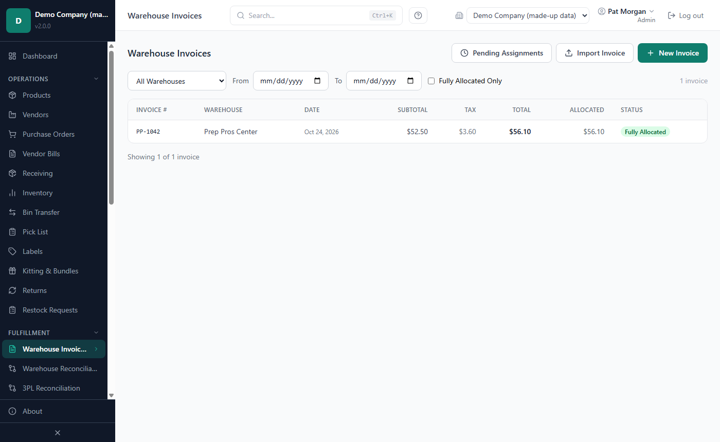 Warehouse Invoices list with subtotal, tax, total, allocated amount and status per invoice