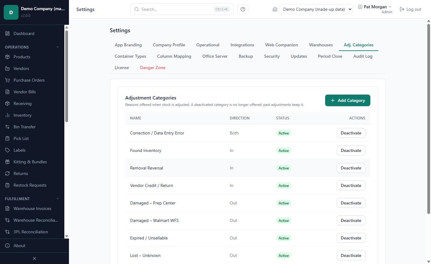 Settings › Adj. Categories with the list of categories, their direction and status