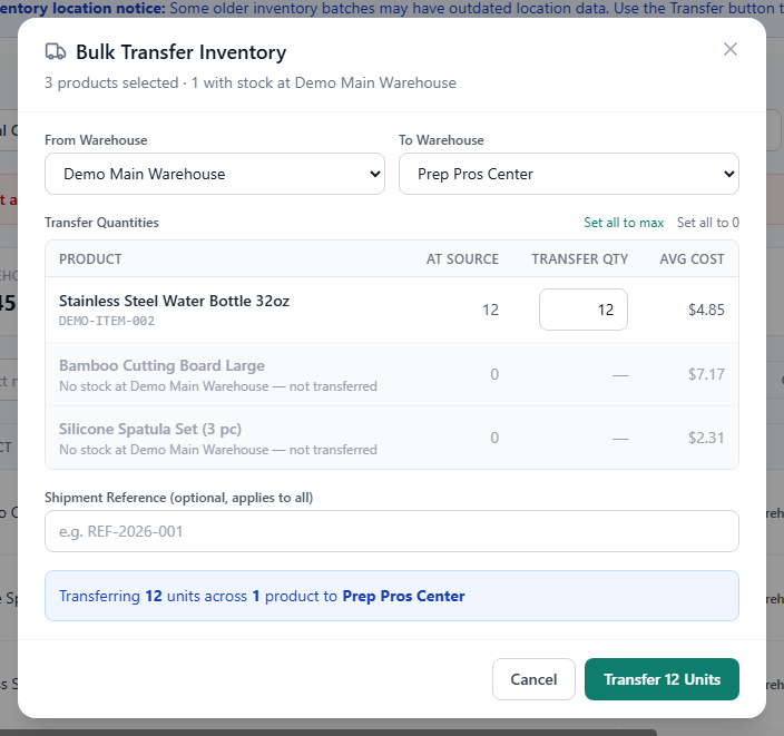 The Transfer Inventory dialog for several products at once