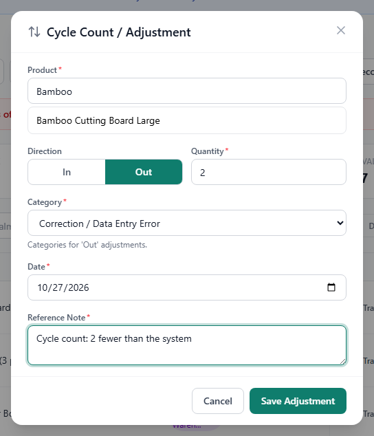 The Cycle Count / Adjustment dialog used to post a count difference