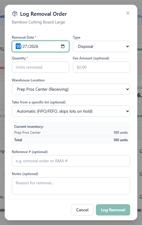 The Log Removal Order dialog