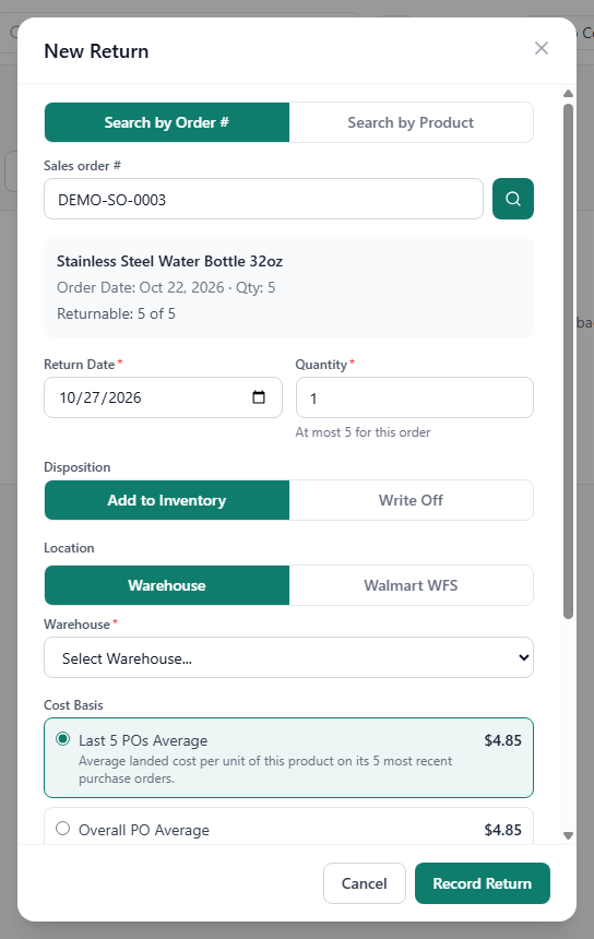 The Returns page with the New Return form: order lookup, quantity, disposition and cost basis