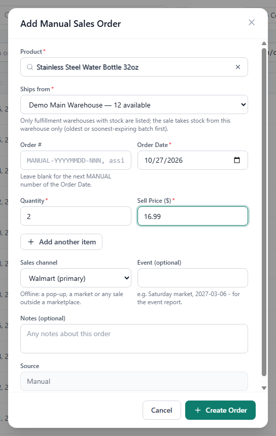 The Add Manual Sales Order dialog with Product, Ships from, Order #, Order Date, Quantity and Sell Price