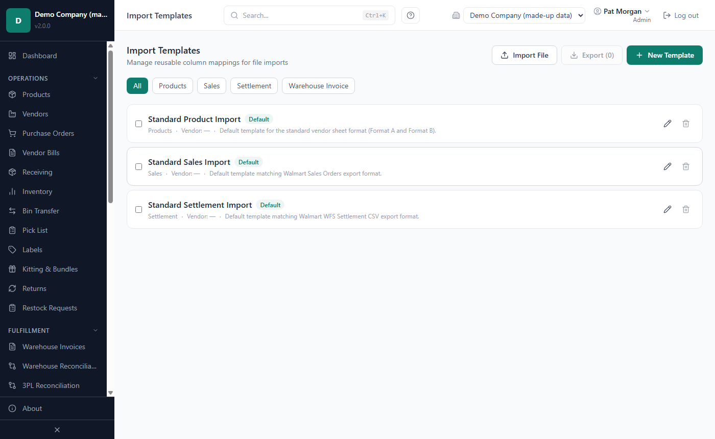 The Import Templates page with the type filter and the default templates