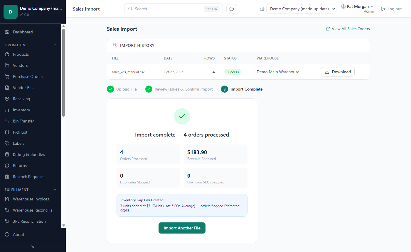 The Sales Import page at the Upload File step, with the import history above it
