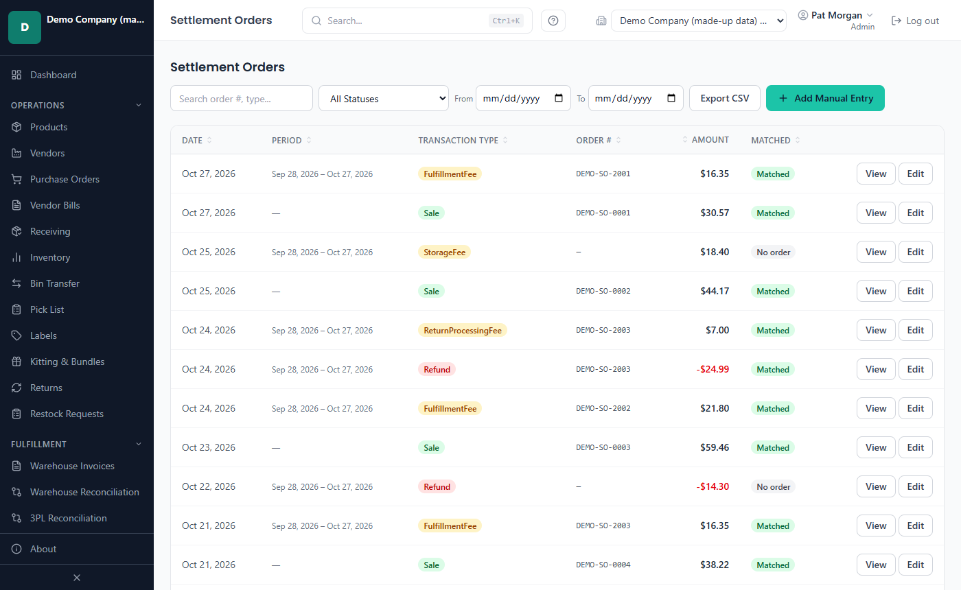 The Settlement Orders list with transaction type badges and the Matched, Unmatched and No order statuses
