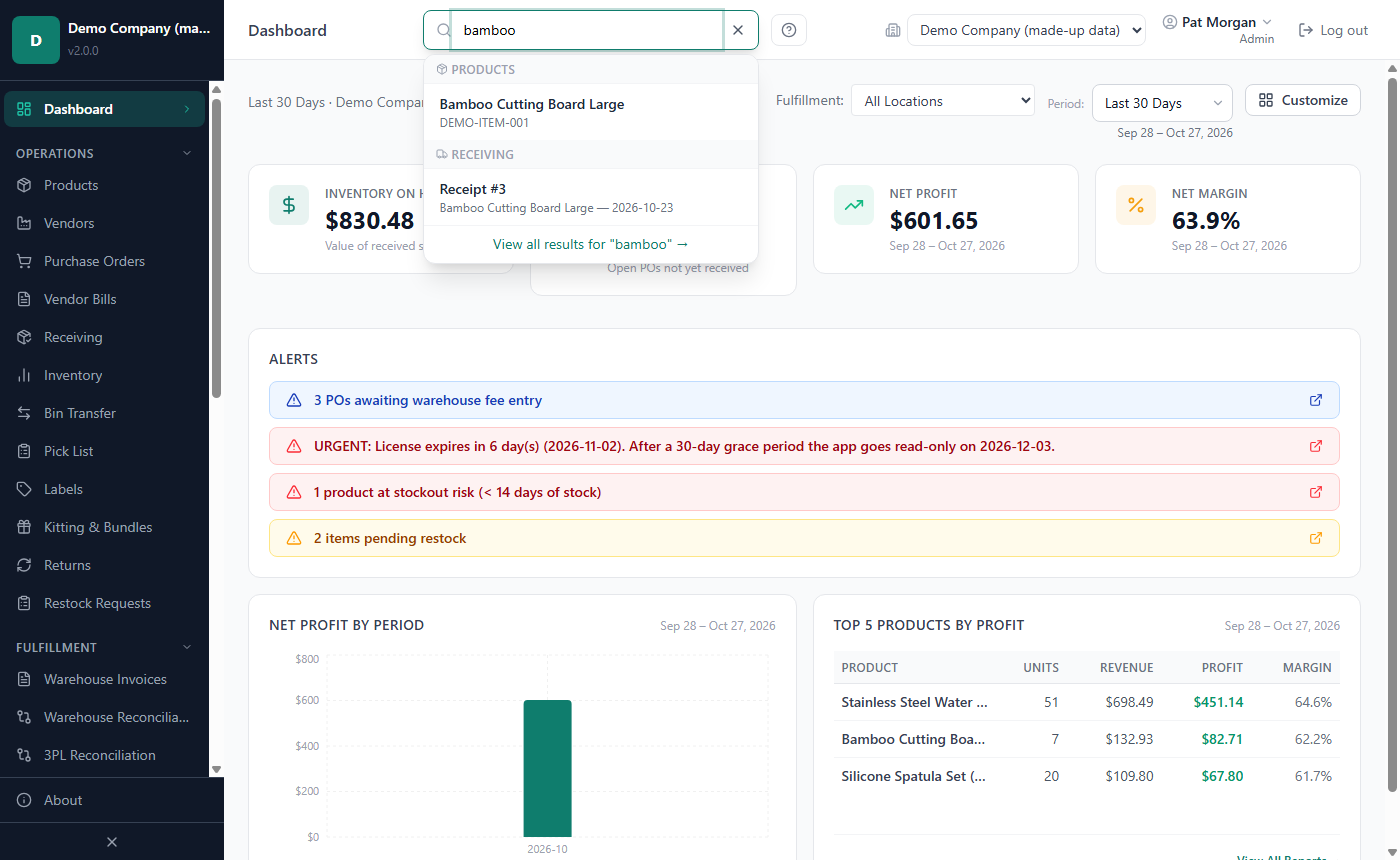 Global search with "bamboo" typed, showing a product and a receipt