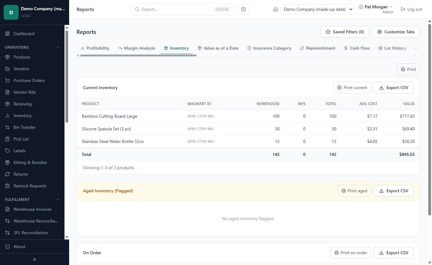 A report tab with its Export CSV and Print buttons