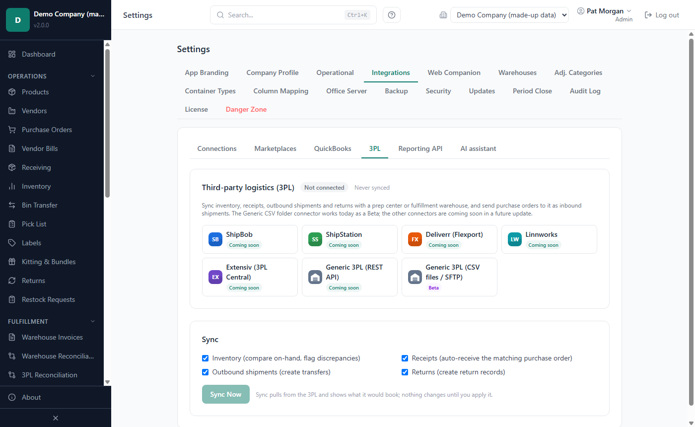 Settings, Integrations, 3PL: provider cards, the warehouse for the 3PL, the connector fields and the Sync section