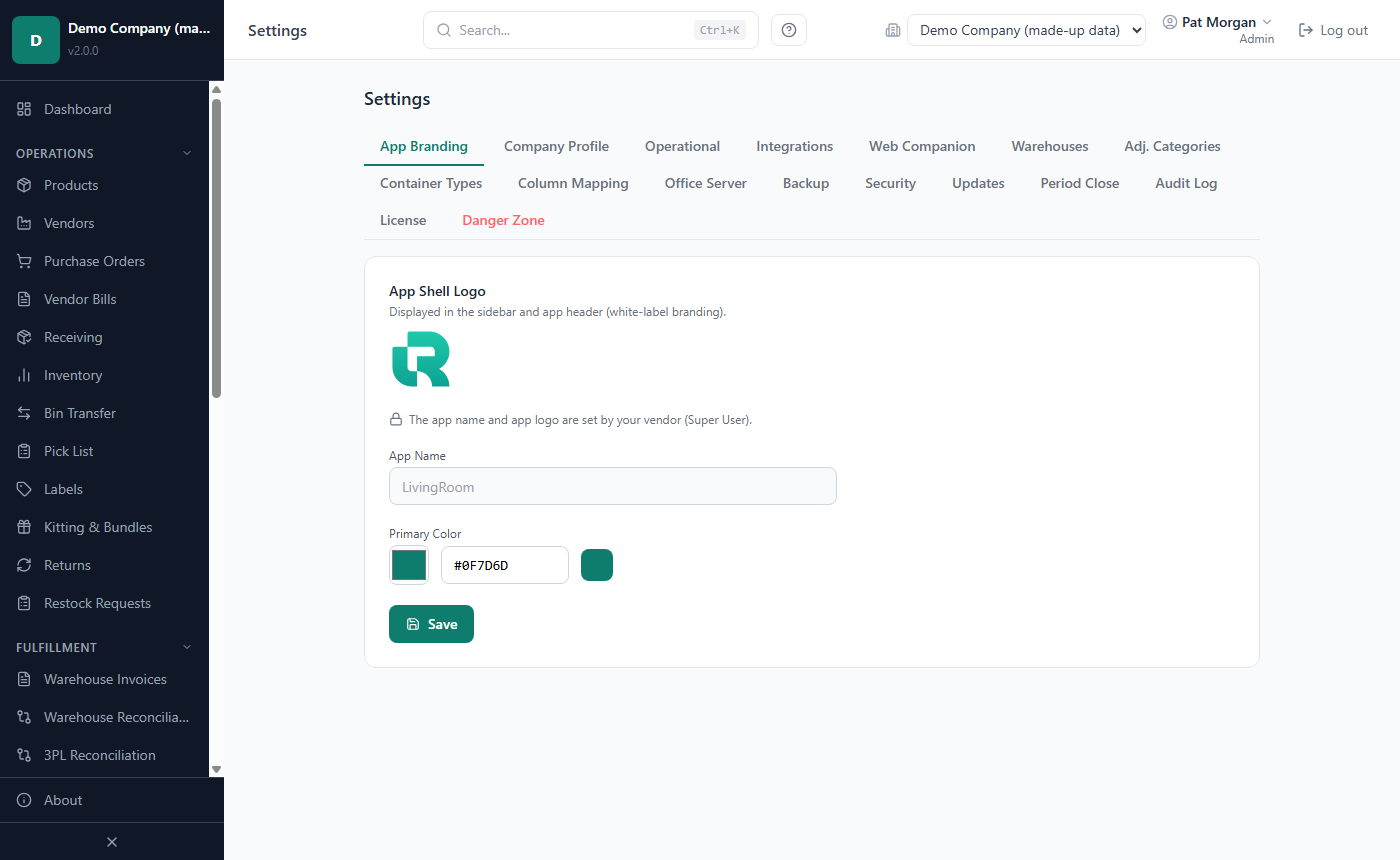 Settings, App Branding tab as an Admin sees it: the app logo, the read-only App Name and the Primary Color
