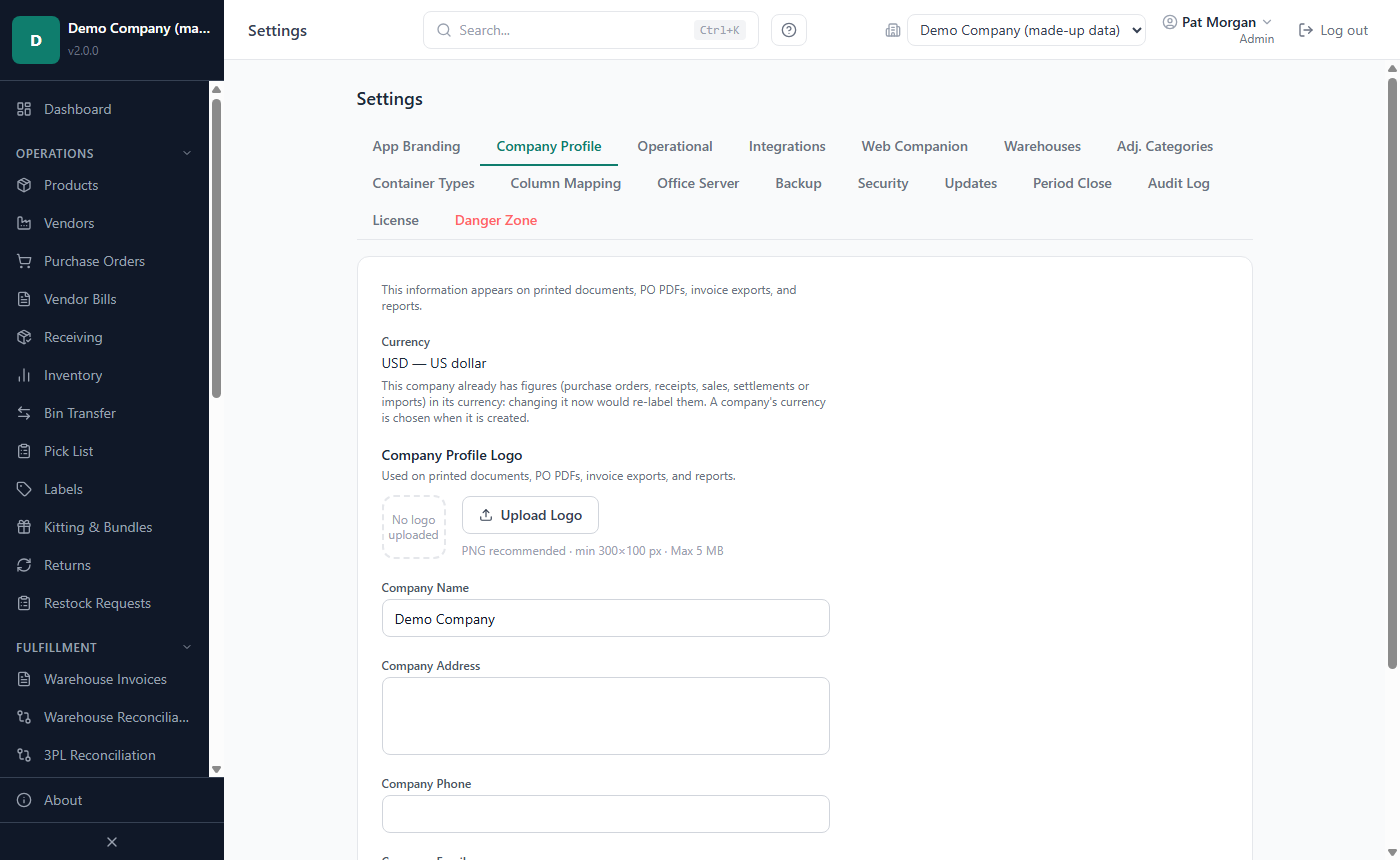 Settings, Company Profile tab with the Company Profile Logo and the company's name, address, phone and e-mail