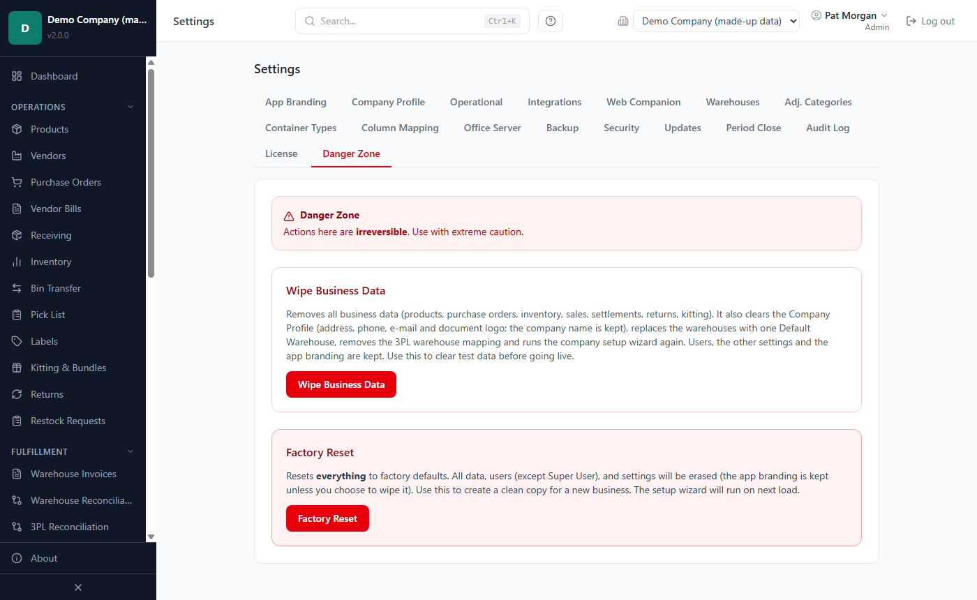 Settings, Danger Zone tab with the Wipe Business Data and Factory Reset sections