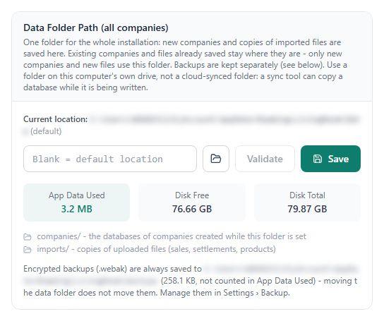The Data Folder Path card with the current location, the Validate and Save buttons and the disk space figures